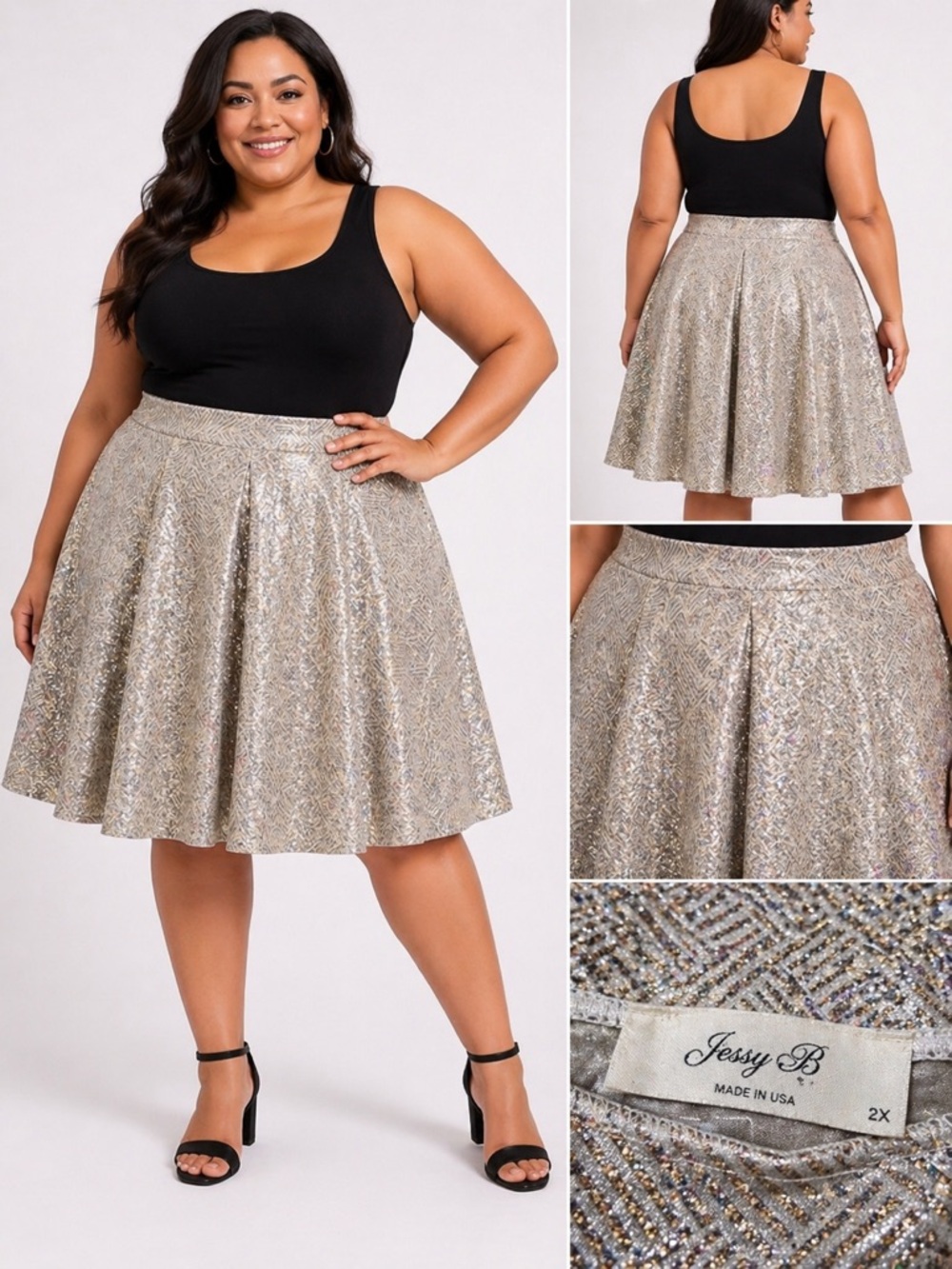 Anthropologie Jessy B Metallic Pleated Skater Skirt 2X Gold Geometric